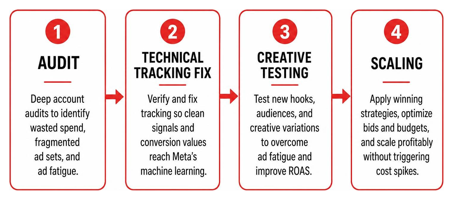 Process diagram showing audit, technical tracking fix, creative testing, and scaling Process diagram showing audit, technical tracking fix, creative testing, and scaling