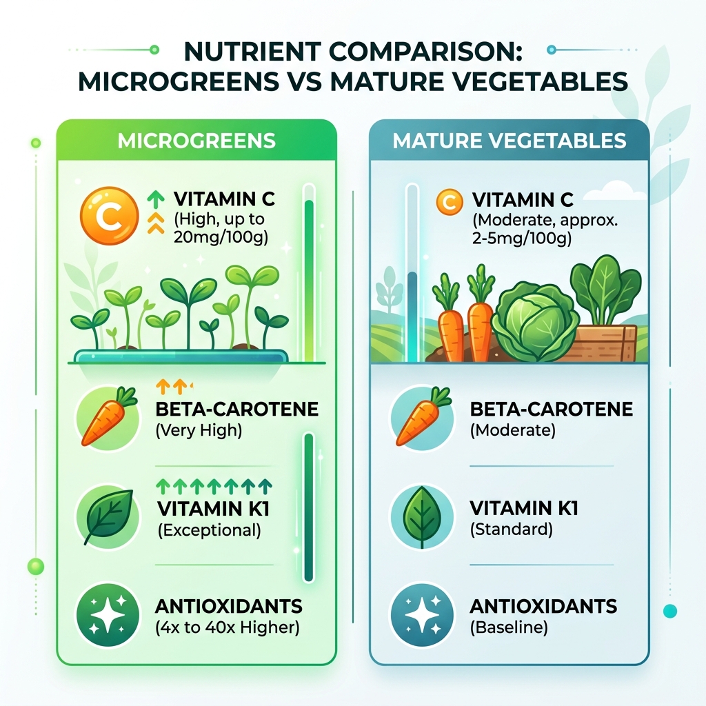 Infographic comparing nutrient levels in microgreens vs mature vegetables - microgreens for salads infographic 