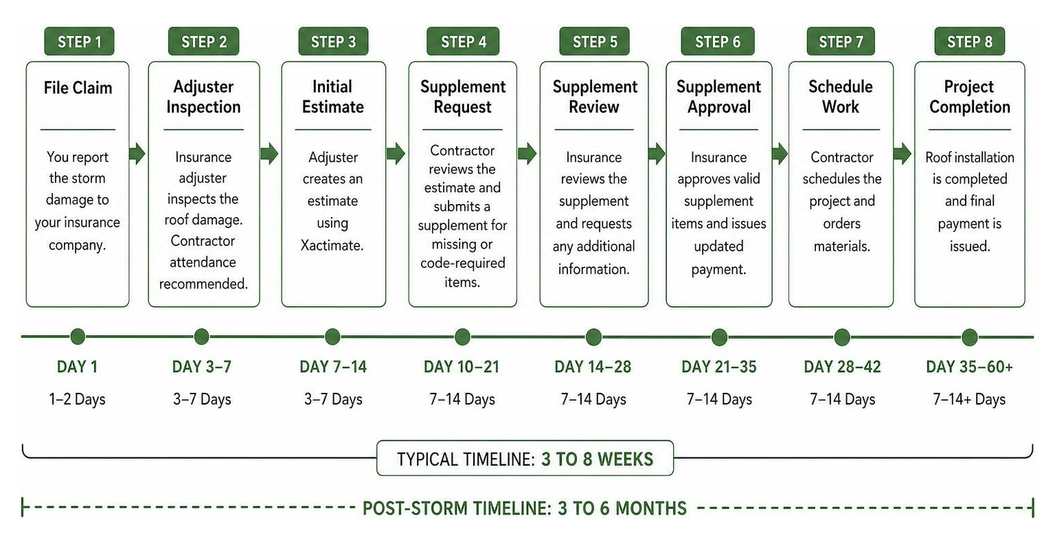 Timeline diagram of the roof insurance claim process from day 1 to project completion Timeline diagram of the roof insurance claim process from day 1 to project completion