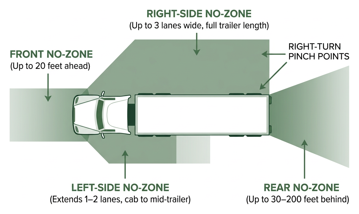 Diagram mapping the four commercial truck no-zones around the cab and trailer
