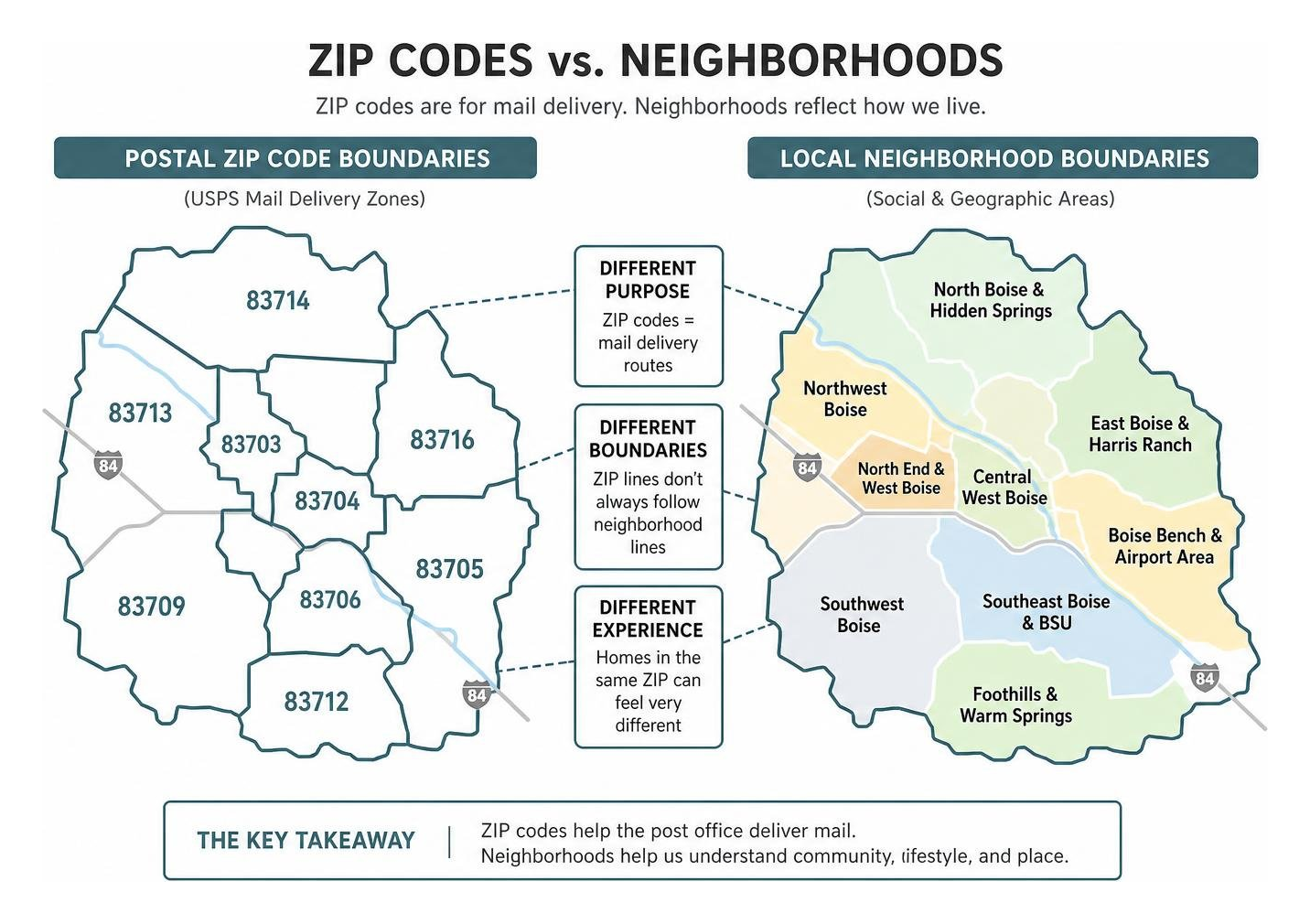 Diagram showing the relationship between postal zip codes and local neighborhood boundaries