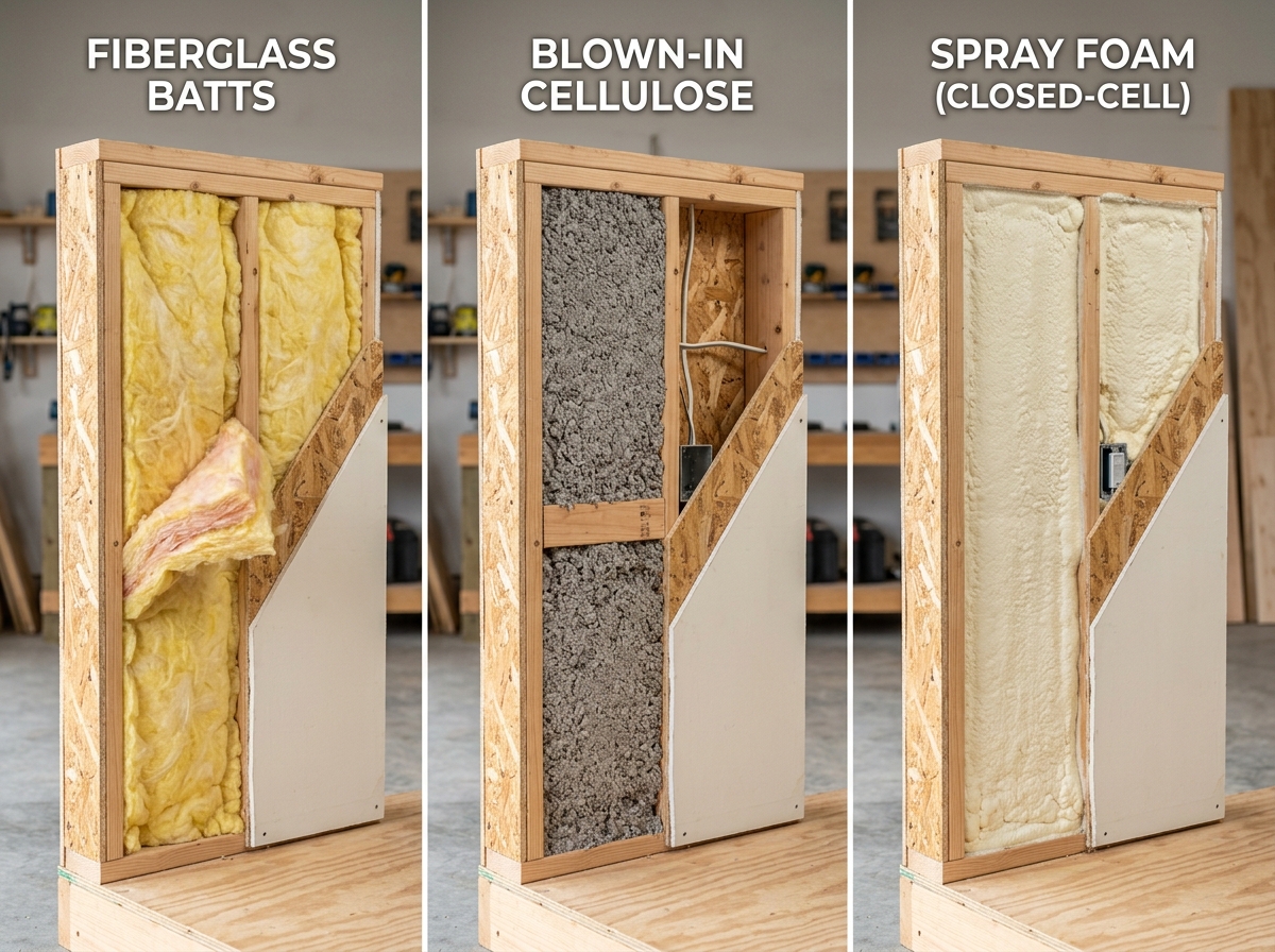 Comparing various insulation materials like fiberglass batts, cellulose, and spray foam side-by-side - insulating exterior