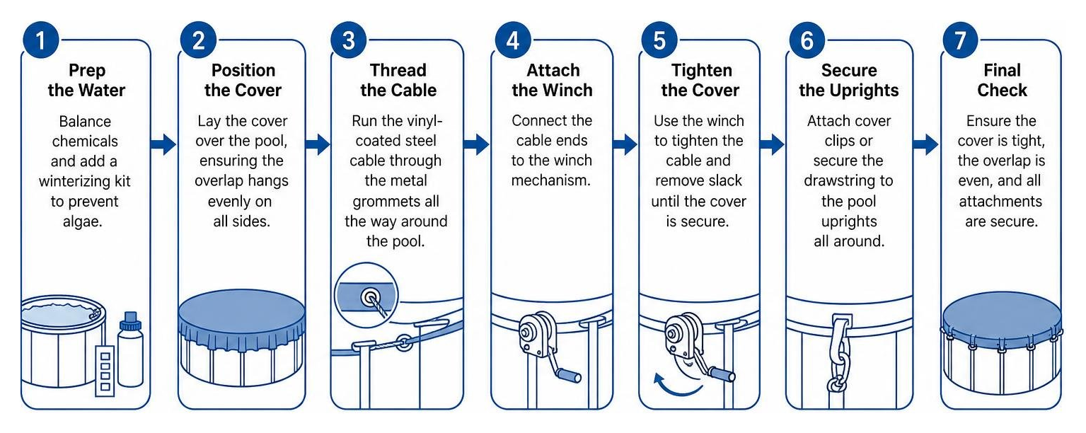 process diagram showing the steps of installing and securing a winter pool cover process diagram showing the steps of installing and securing a winter pool cover