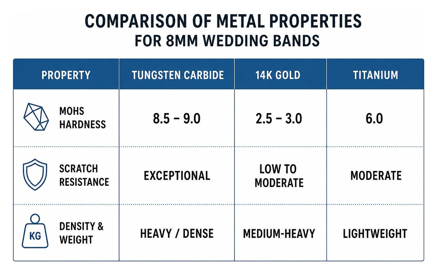 Comparison of metal properties for 8mm wedding bands Comparison of metal properties for 8mm wedding bands