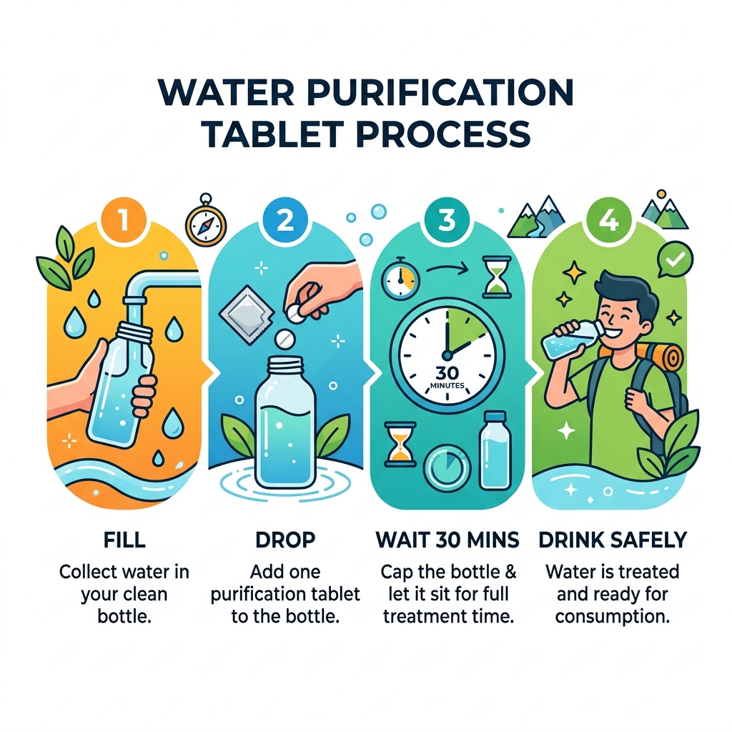 Infographic showing 4-step water purification tablet process: fill, drop, wait 30 mins, drink safely - water purification