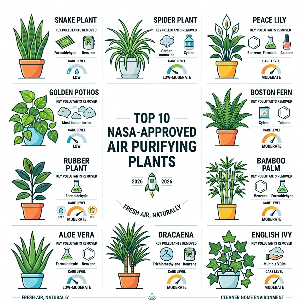 Infographic showing top 10 NASA-approved air purifying plants with pollutants each removes and care level - air purifier Infographic showing top 10 NASA-approved air purifying plants with pollutants each removes and care level - air purifier