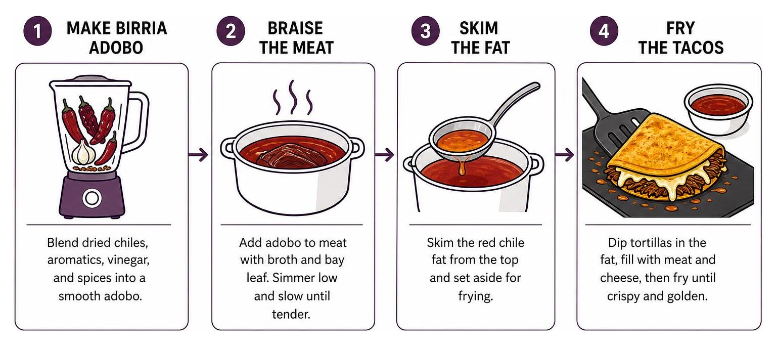 Step-by-step process of making birria adobo, braising meat, skimming fat, and frying tacos Step-by-step process of making birria adobo, braising meat, skimming fat, and frying tacos