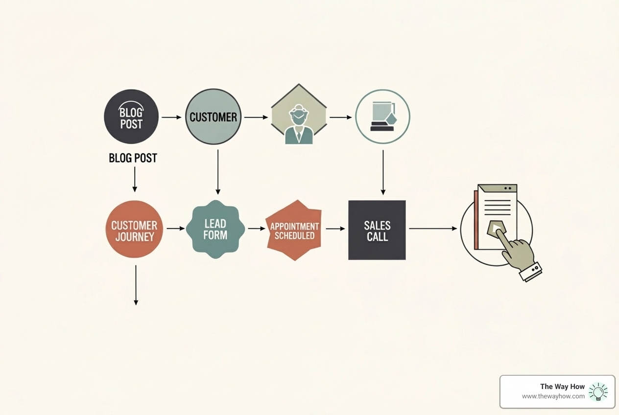 workflow diagram showing a customer journey from a blog post to a sales call - marketing automation hubspot
