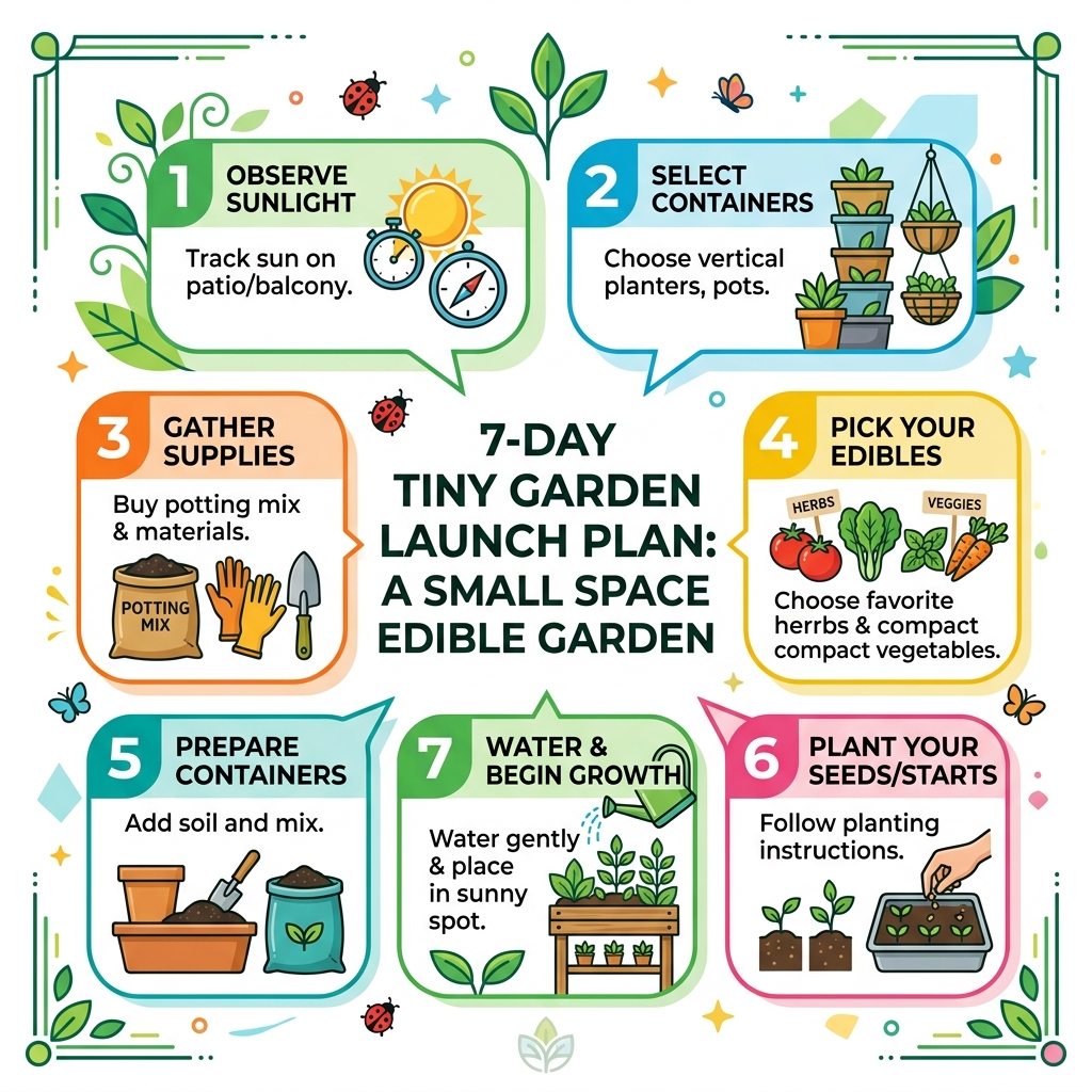 7-day tiny garden launch plan - small space edible garden infographic 7-day tiny garden launch plan - small space edible garden infographic