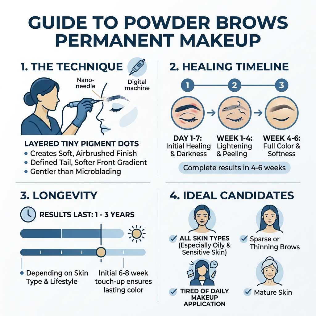 Infographic explaining powder brows: technique, healing timeline, longevity, and ideal candidates - powder brows permanent Infographic explaining powder brows: technique, healing timeline, longevity, and ideal candidates - powder brows permanent