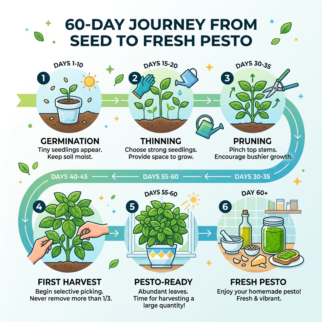 60-day journey from seed to fresh pesto: germination, thinning, pruning, first harvest, pesto-ready - indoor basil growing