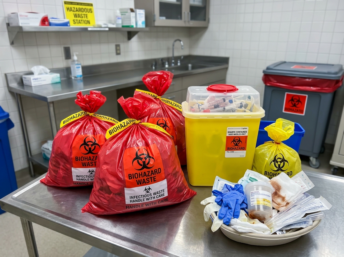 Various biohazard waste streams including red bags and sharps containers Various biohazard waste streams including red bags and sharps containers
