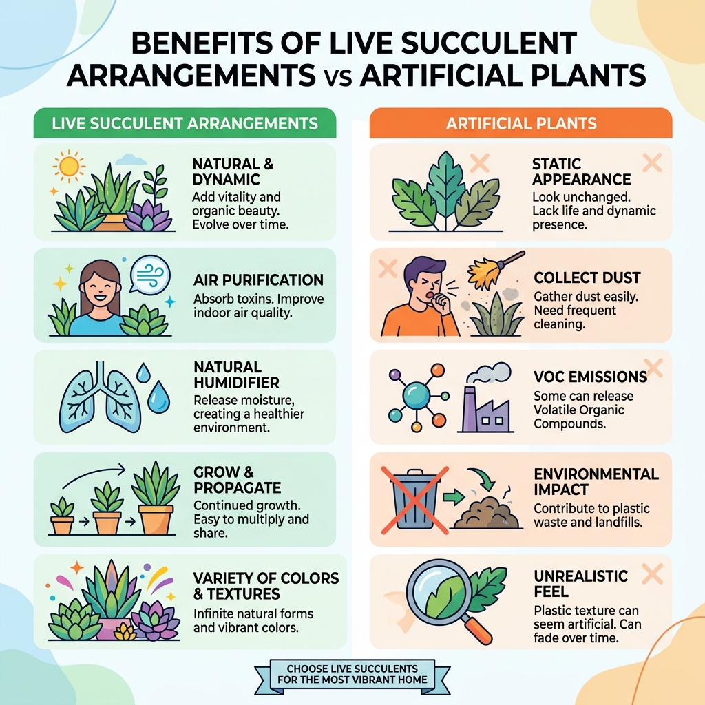 Benefits of live succulent arrangements vs artificial plants infographic - live succulent arrangements infographic 
