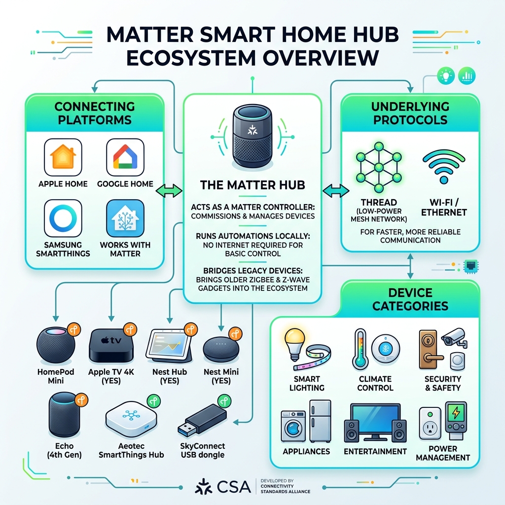 Matter smart home hub ecosystem overview infographic showing platforms, protocols, and device categories - matter smart home