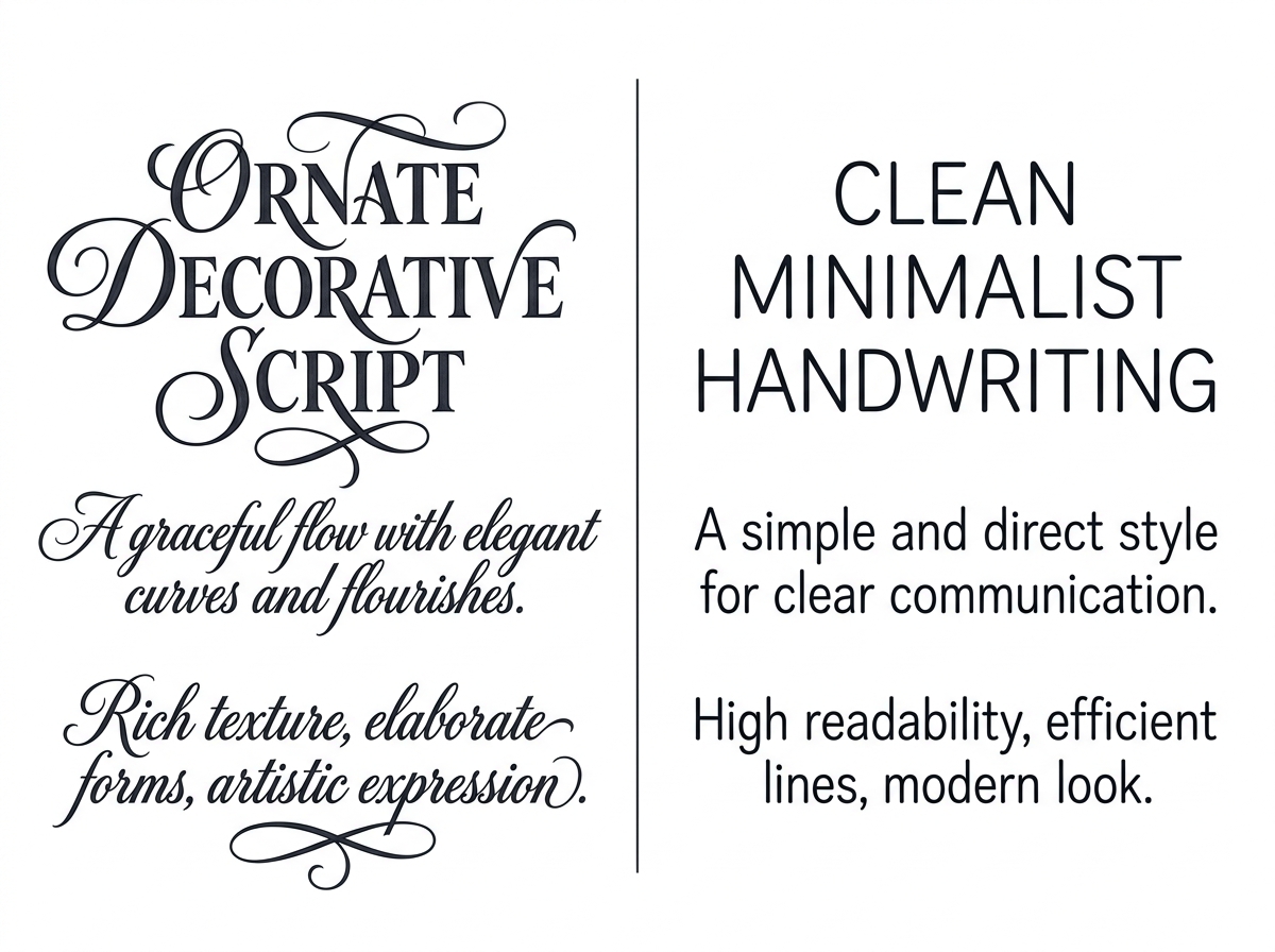 Comparison between decorative script and clean minimalist lines showing visual clarity - minimalist writing font