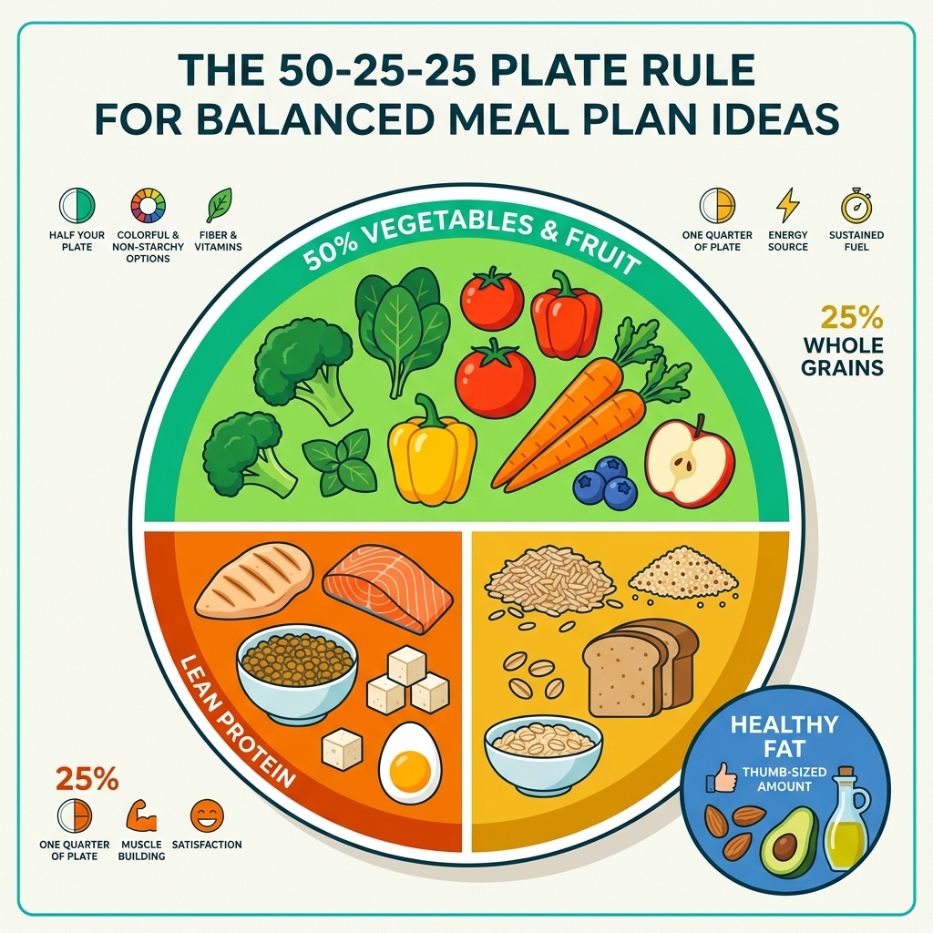 Infographic showing the 50-25-25 plate rule with food group examples and portion sizes - balanced meal plan ideas