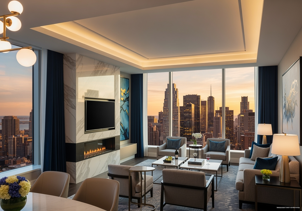a luxurious and spacious hotel suite with a city view - Travel Accommodation Types