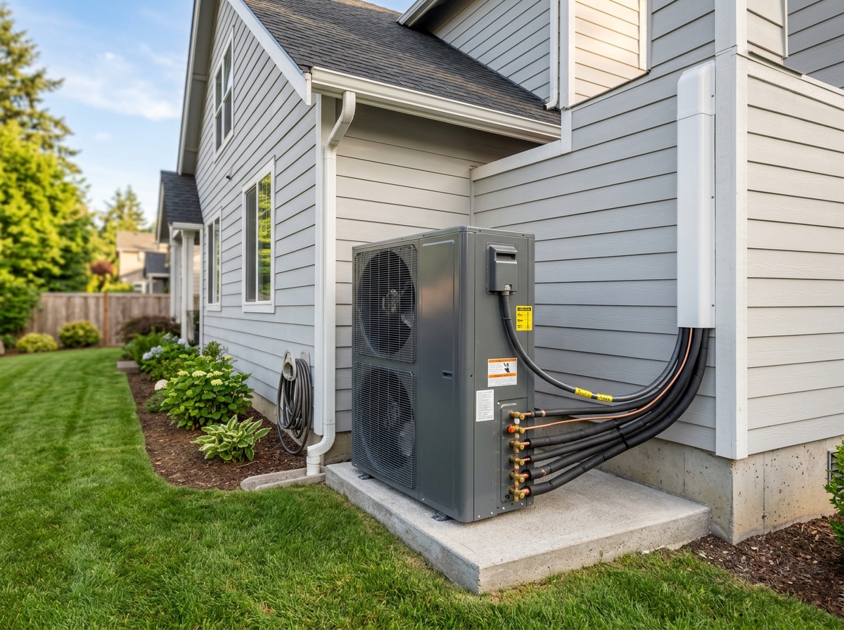 Multi-zone outdoor compressor unit installed neatly on a concrete pad next to a home - mini split systems services in