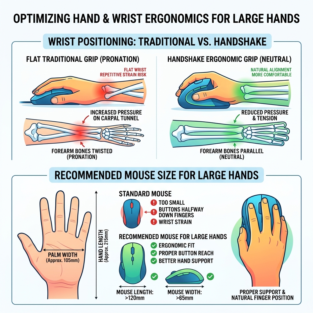 Infographic showing handshake wrist position vs. flat traditional mouse grip and recommended mouse sizes for large hands