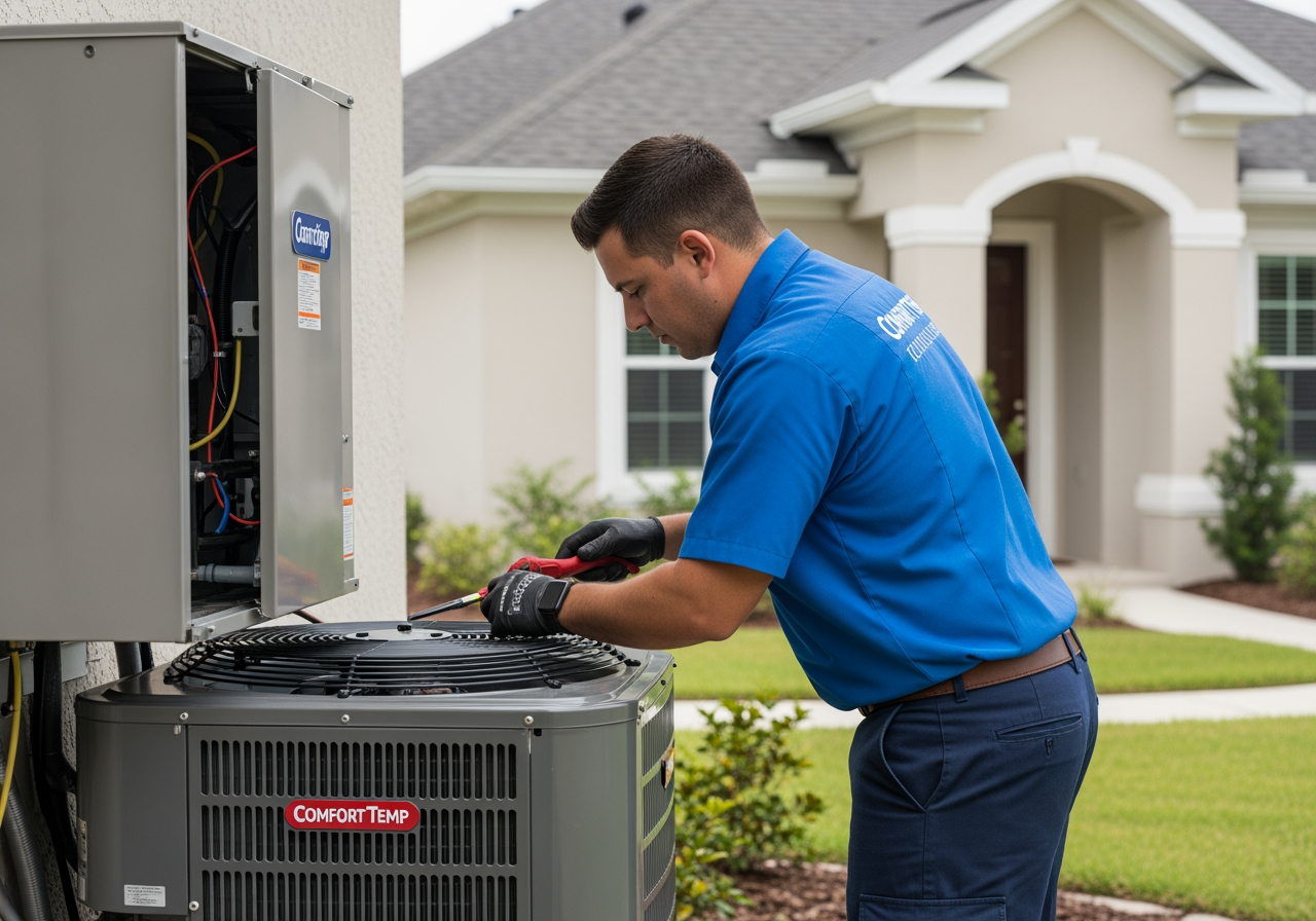 technician in a blue uniform performing a multi-point inspection on a residential system in Gainesville