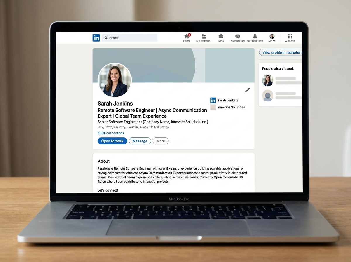 A remote-ready LinkedIn profile highlighting the headline and about section keywords - remote job search tips A remote-ready LinkedIn profile highlighting the headline and about section keywords - remote job search tips