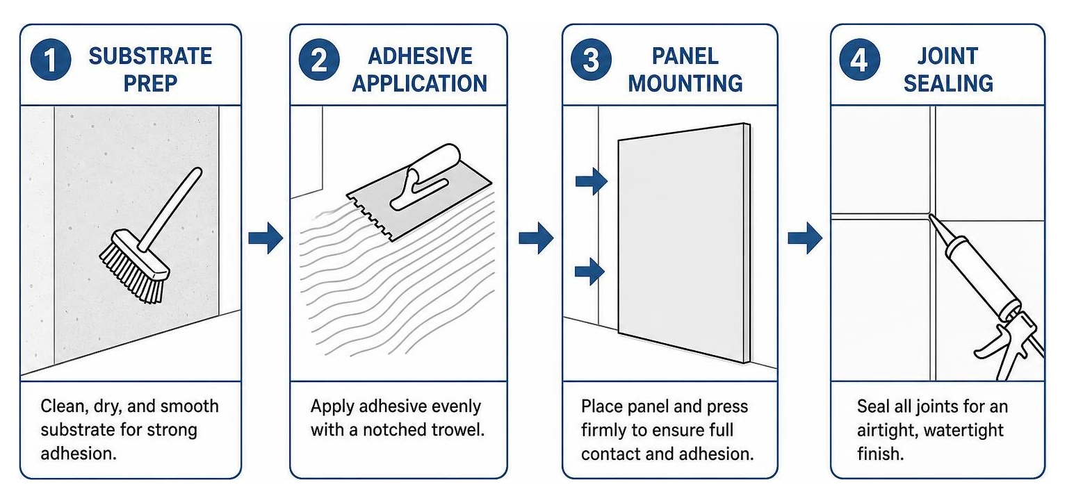 Installation steps: substrate prep, adhesive application, panel mounting, and joint sealing Installation steps: substrate prep, adhesive application, panel mounting, and joint sealing