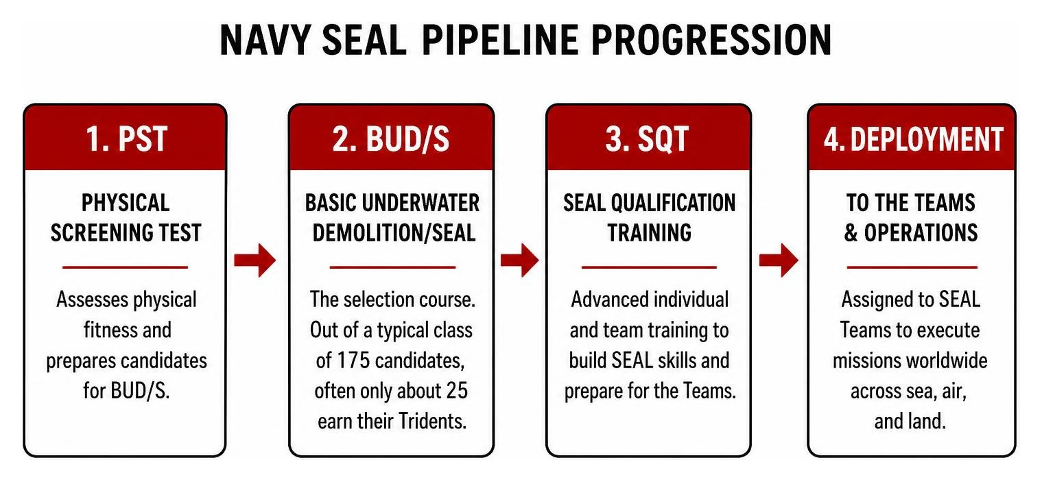 Navy SEAL pipeline progression from PST to BUD/S to SQT and deployment Navy SEAL pipeline progression from PST to BUD/S to SQT and deployment