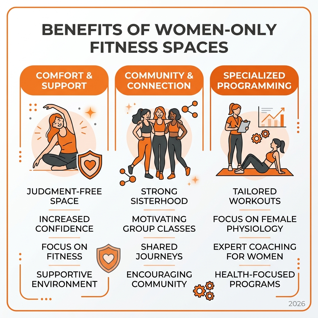 Benefits of women-only fitness spaces including comfort, community, and specialized programming - women's only exercise club