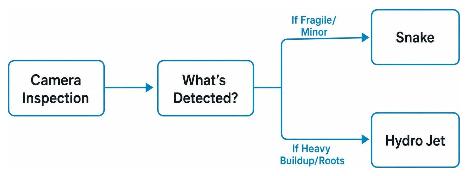 Diagram showing the decision process: Camera Inspection to If Fragile/Minor to Snake; If Heavy Buildup/Roots to Hydro Jet
