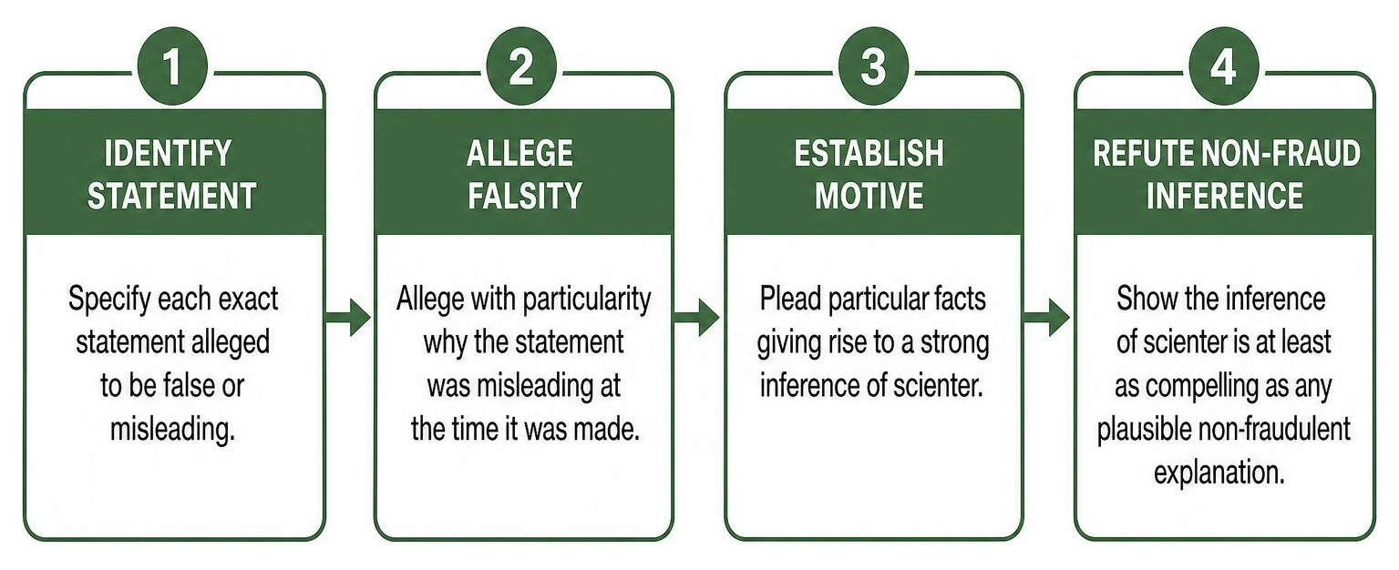 PSLRA scienter pleading steps: identify statement, allege falsity, establish motive, refute non-fraud inference