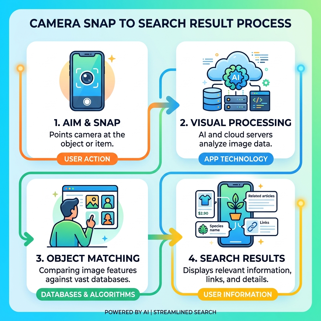 infographic explaining camera snap to search result process - app for finding items by picture infographic 