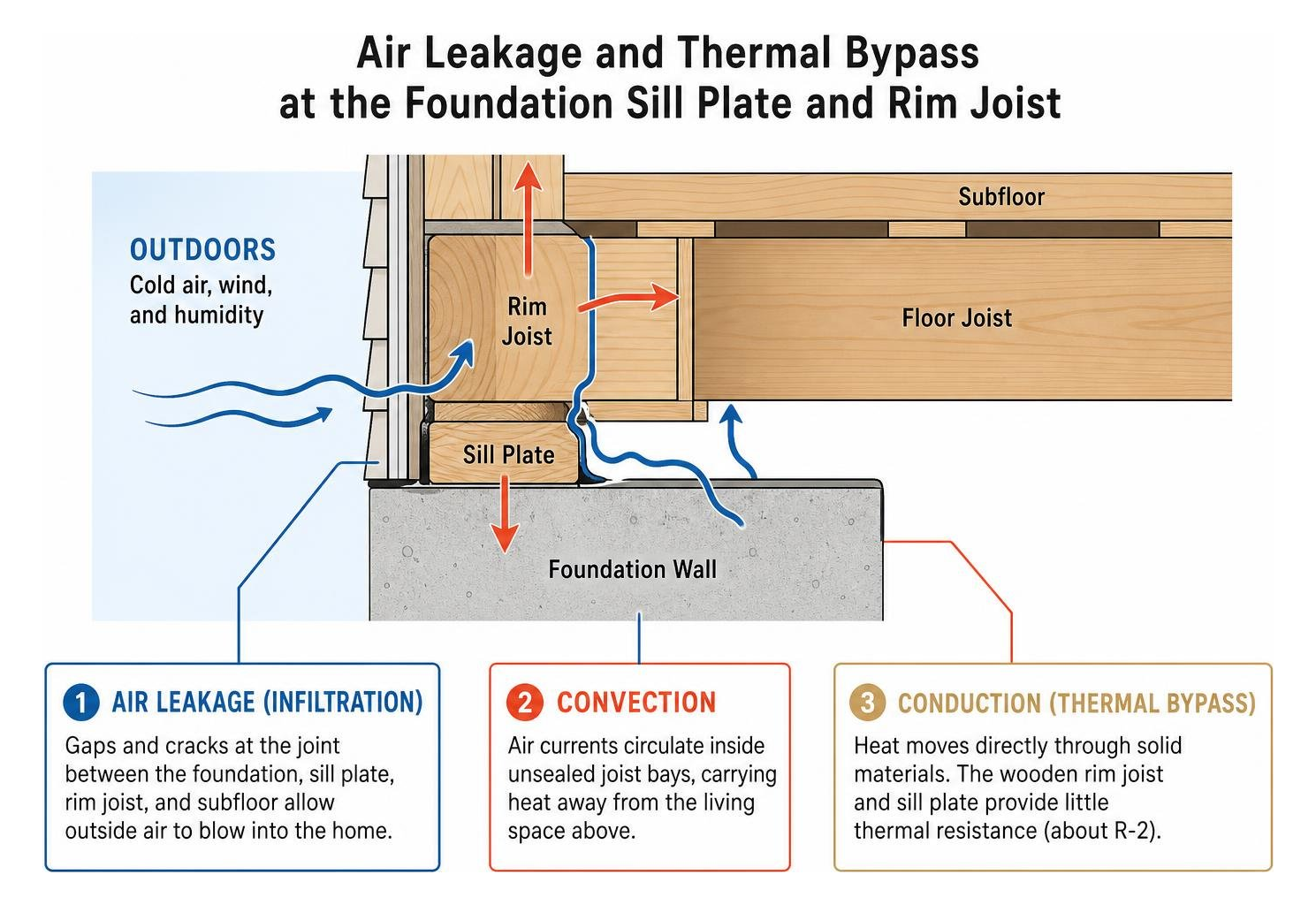 diagram illustrating air leakage and thermal bypass at the foundation sill plate and rim joist diagram illustrating air leakage and thermal bypass at the foundation sill plate and rim joist