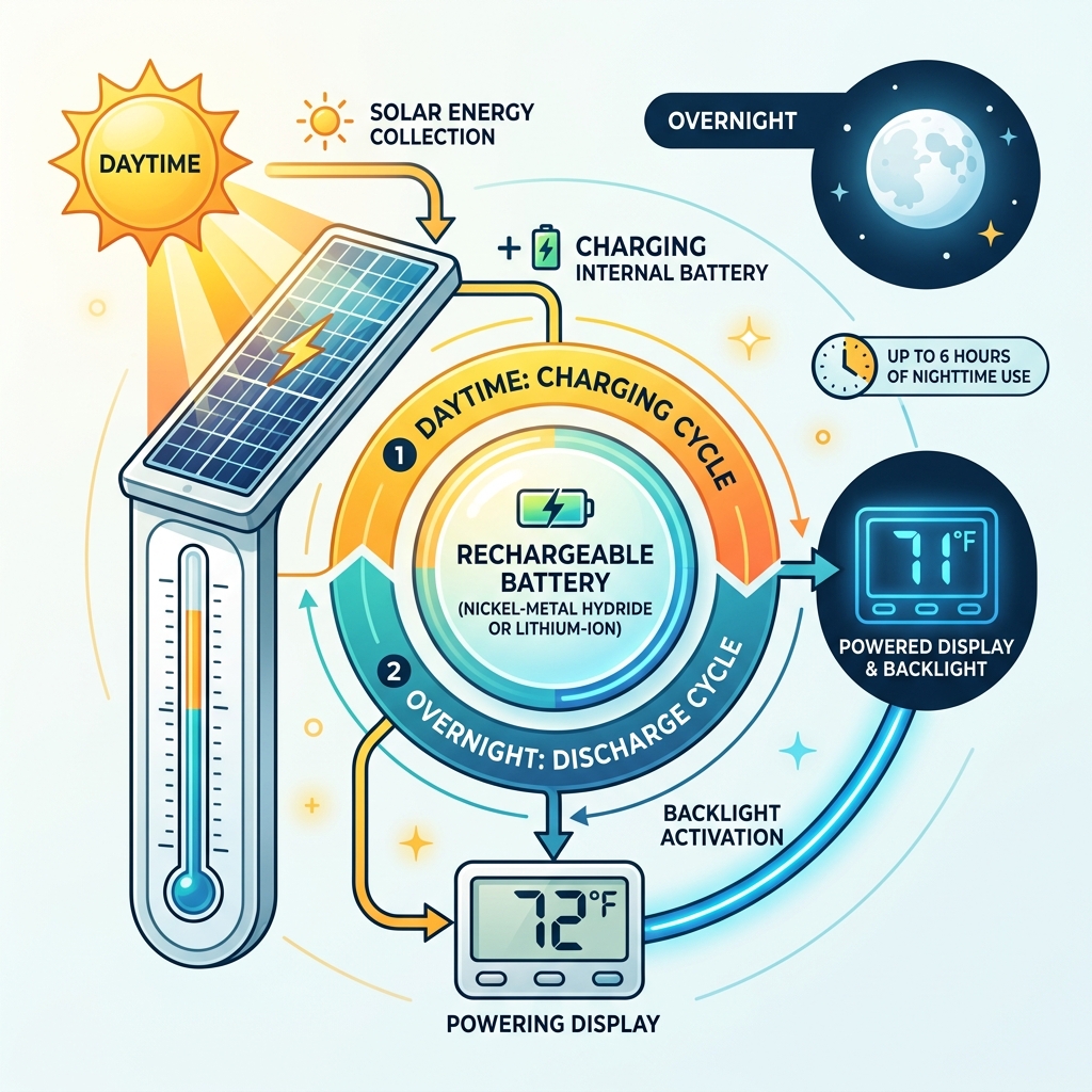 Infographic: how solar panels charge internal thermometer batteries, powering display and backlight overnight - solar Infographic: how solar panels charge internal thermometer batteries, powering display and backlight overnight - solar