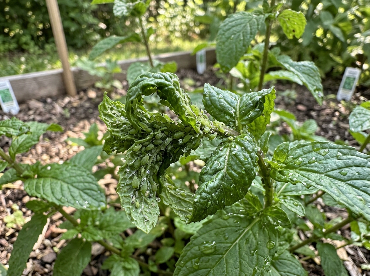aphid colonies on curled mint leaves - get rid of aphids on herbs