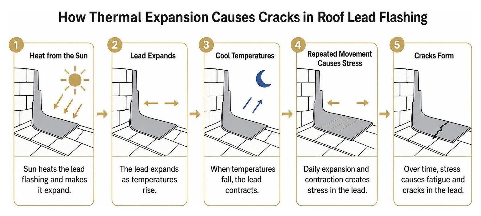 Diagram showing how thermal expansion causes cracks in roof lead flashing
