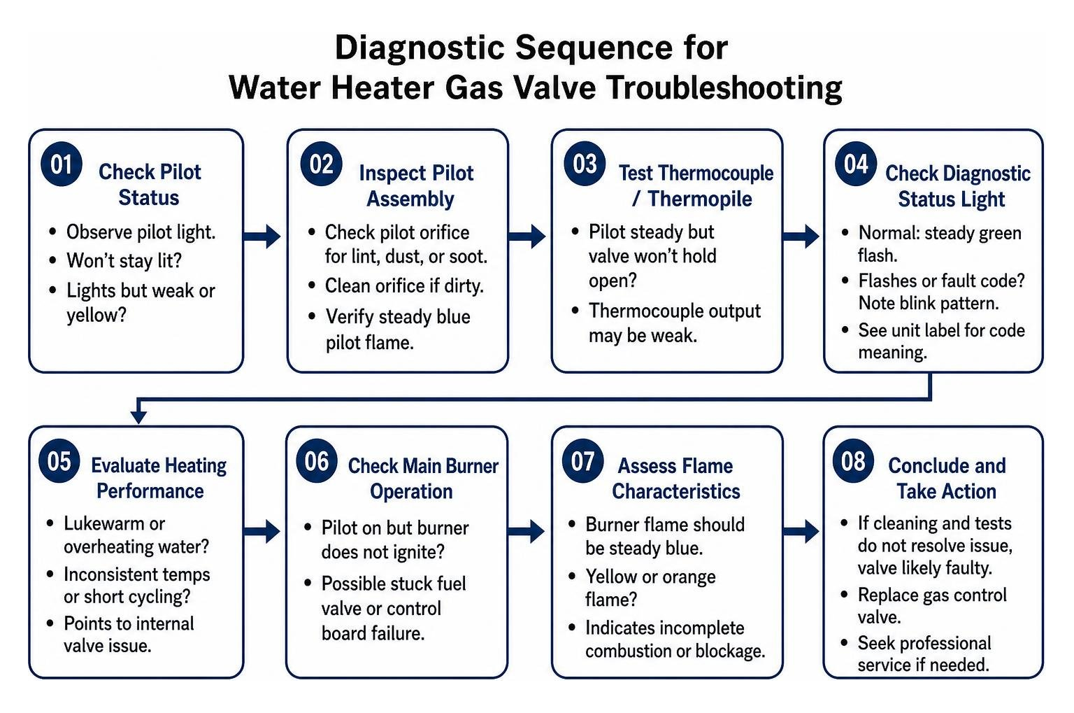 Diagnostic sequence for water heater gas valve troubleshooting