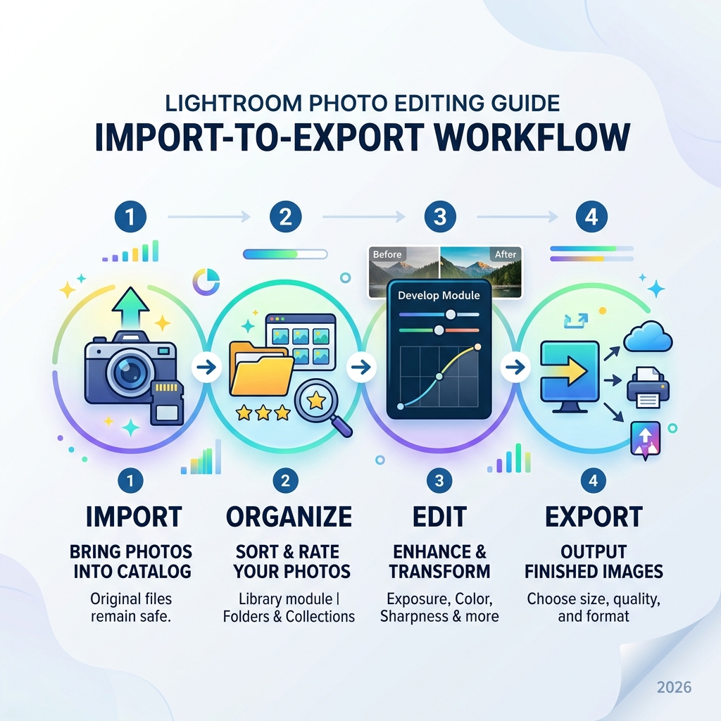 Lightroom import-to-export workflow infographic showing the 4 steps: Import, Organize, Edit, Export - lightroom photo Lightroom import-to-export workflow infographic showing the 4 steps: Import, Organize, Edit, Export - lightroom photo
