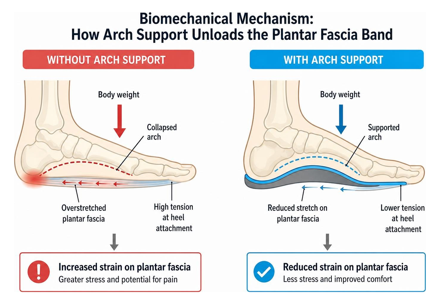 Biomechanical mechanism showing how arch support unloads the plantar fascia band Biomechanical mechanism showing how arch support unloads the plantar fascia band