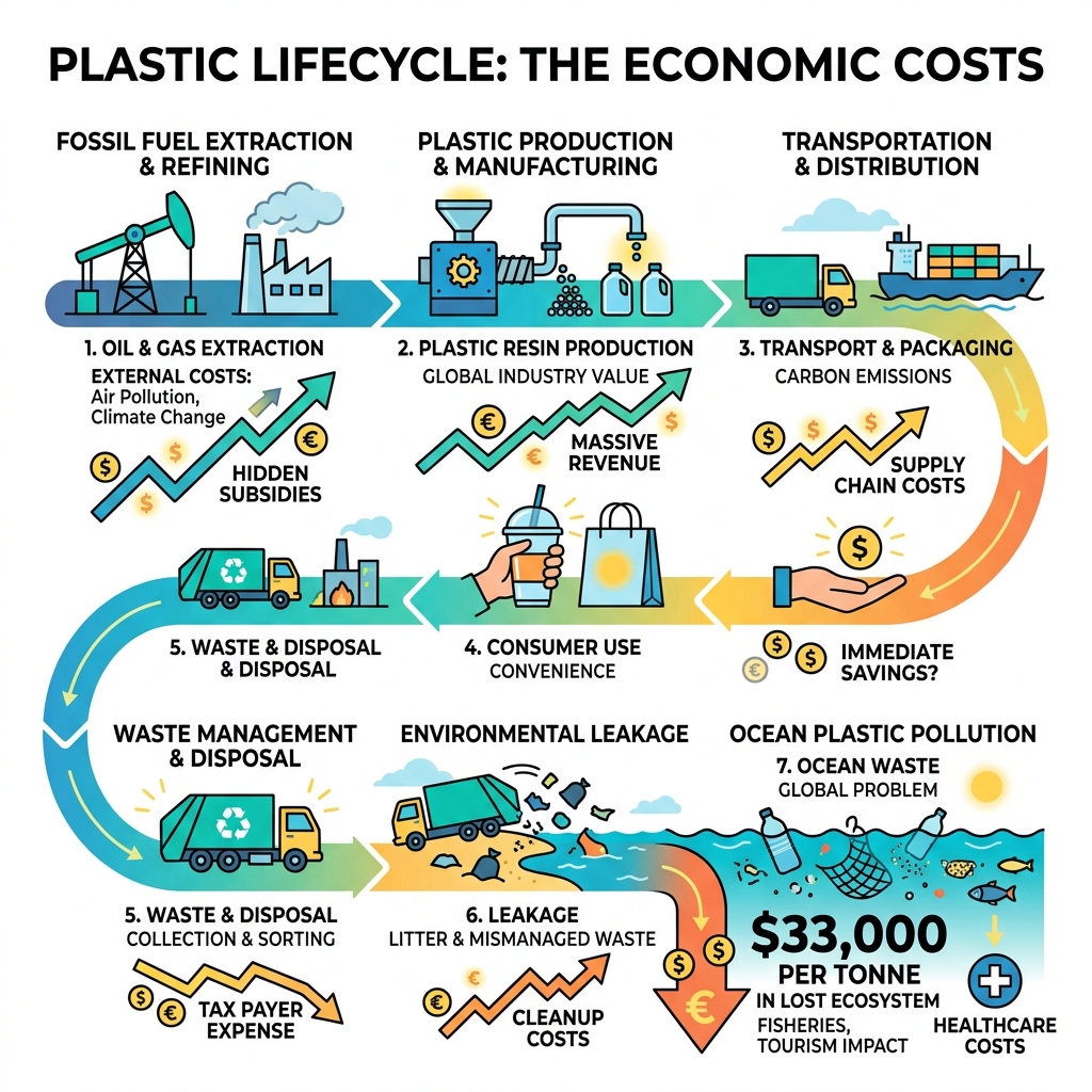 Plastic lifecycle from fossil fuels to ocean waste, with economic costs at each stage - plastic pollution budget fix Plastic lifecycle from fossil fuels to ocean waste, with economic costs at each stage - plastic pollution budget fix