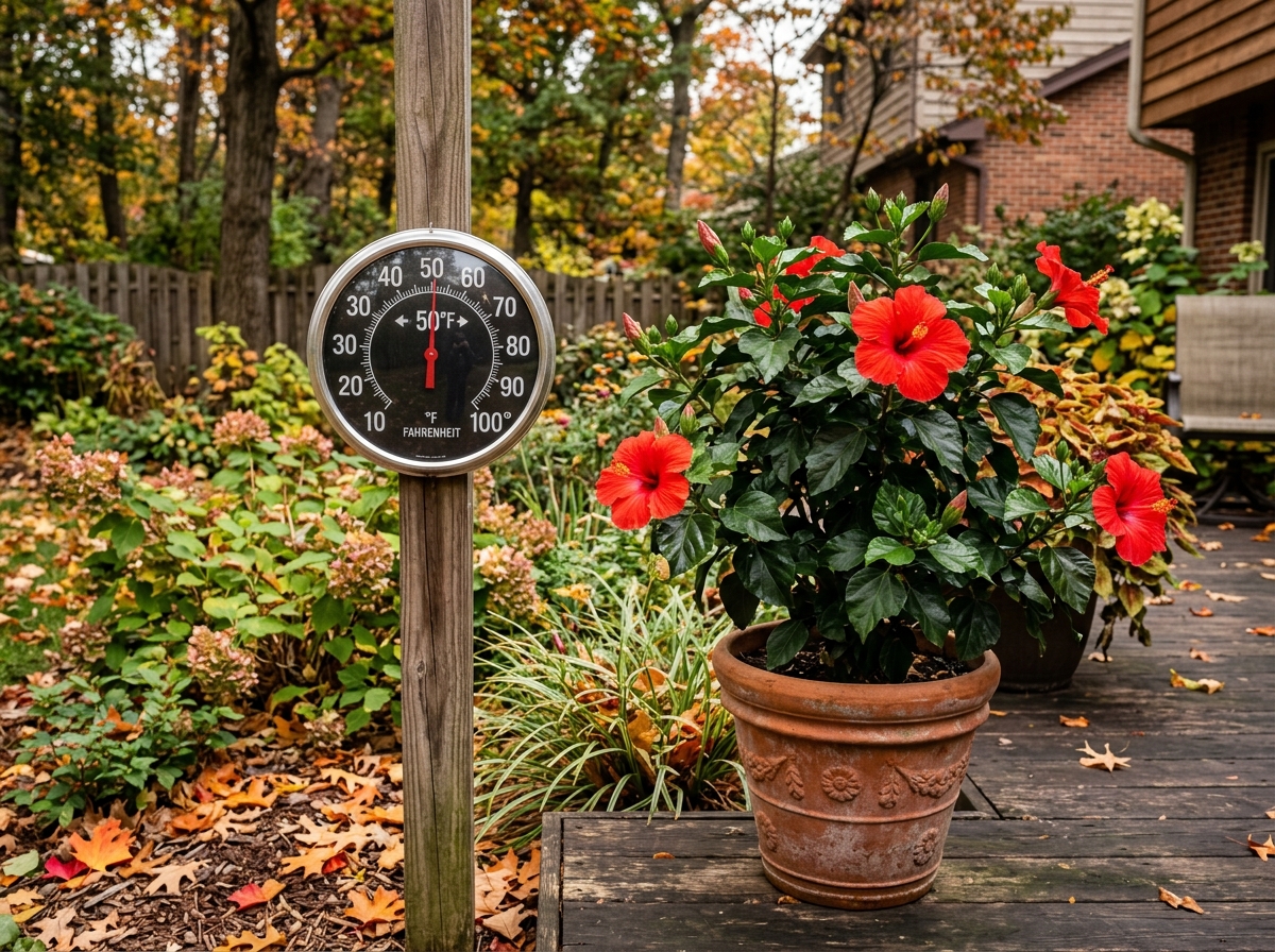 A thermometer showing 50 degrees Fahrenheit next to a potted hibiscus - bringing hibiscus inside for winter A thermometer showing 50 degrees Fahrenheit next to a potted hibiscus - bringing hibiscus inside for winter
