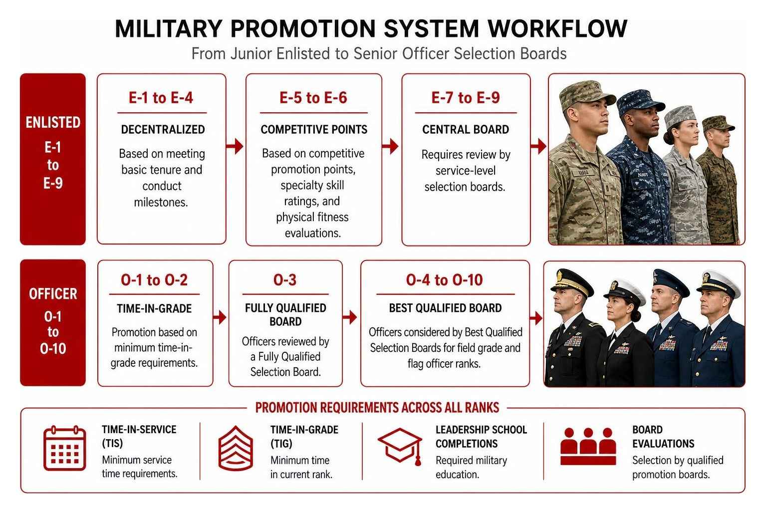 Military promotion system workflow from junior enlisted to senior officer selection boards