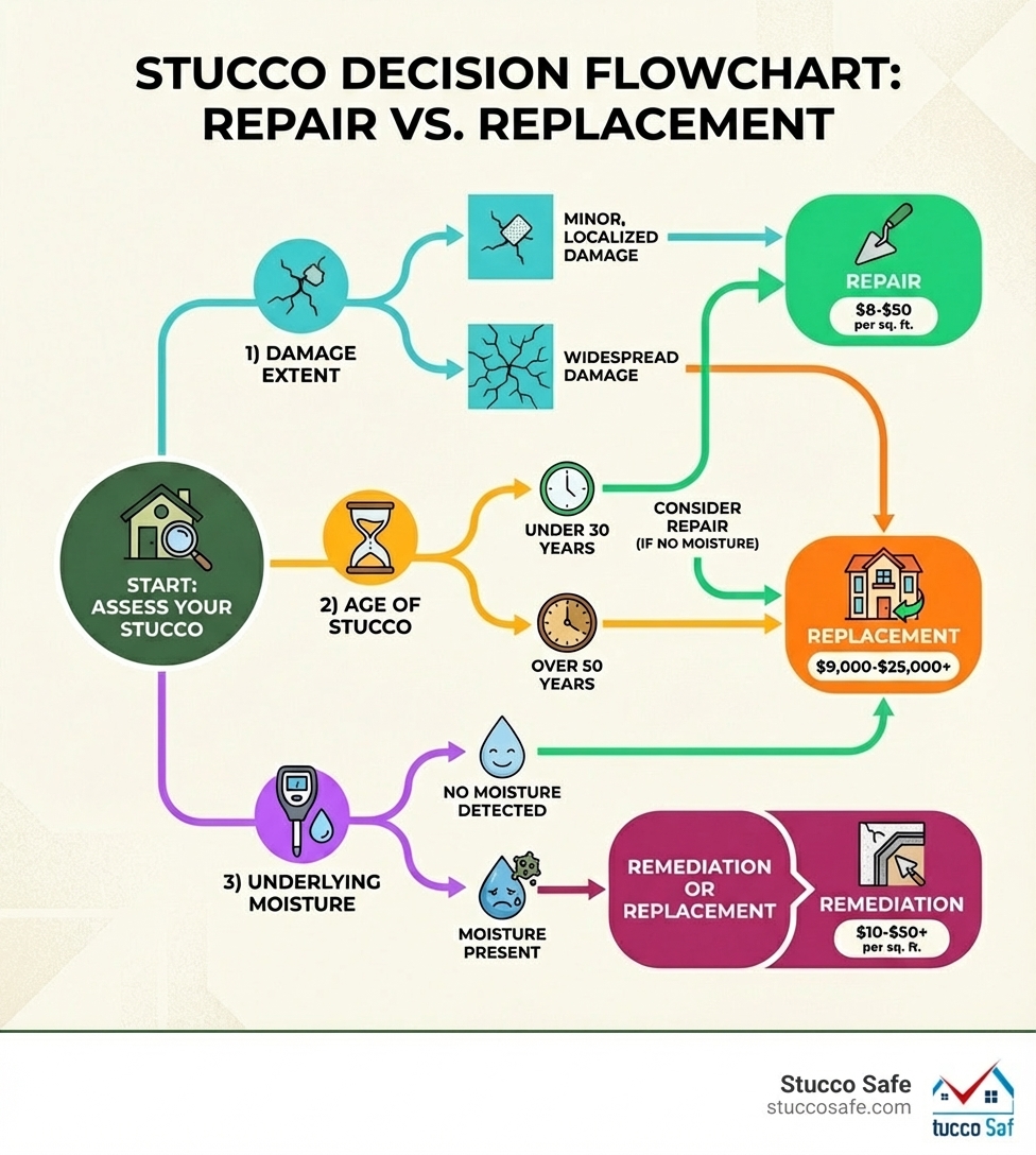 infographic showing decision flowchart with three main branches: 1) Damage Extent (minor localized damage leads to repair, widespread damage leads to replacement), 2) Age of Stucco (under 30 years consider repair if no moisture, over 50 years consider replacement), 3) Underlying Moisture (no moisture detected proceed with repair, moisture present requires remediation or replacement), with cost ranges shown for each path - stucco replacement cost infographic infographic showing decision flowchart with three main branches: 1) Damage Extent (minor localized damage leads to repair, widespread damage leads to replacement), 2) Age of Stucco (under 30 years consider repair if no moisture, over 50 years consider replacement), 3) Underlying Moisture (no moisture detected proceed with repair, moisture present requires remediation or replacement), with cost ranges shown for each path - stucco replacement cost infographic