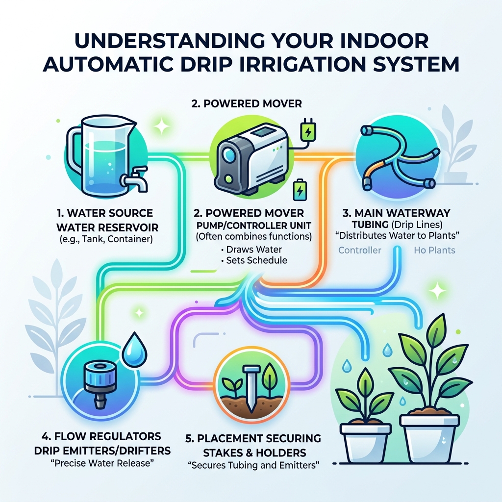 Components of an indoor automatic drip irrigation system explained - automatic watering system for indoor potted plants