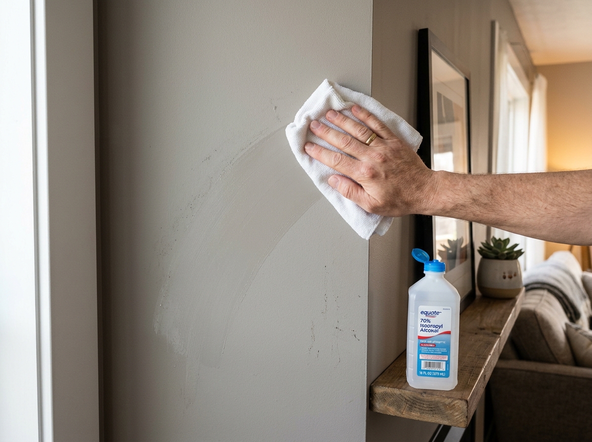 Cleaning a wall surface with rubbing alcohol before applying adhesive strips - command hook shelves renters