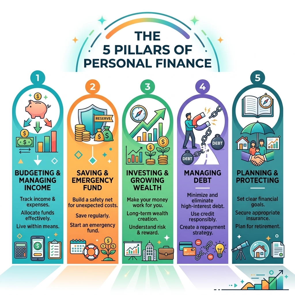 explaining the 5 pillars of personal finance - personal finance management infographic 
