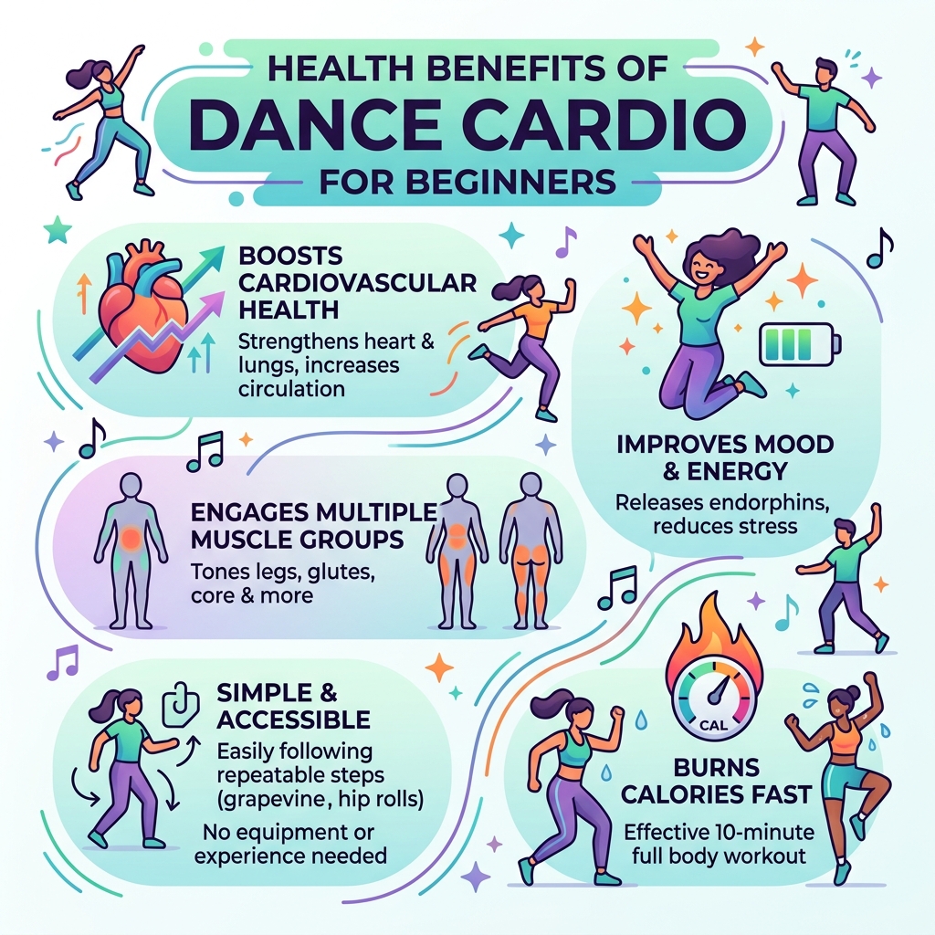 Health benefits of dance cardio for beginners infographic - 10 minute dance workout for beginners infographic 