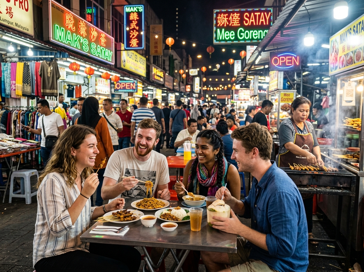 vibrant street food stalls in Southeast Asia with young travelers eating together - budget travel for young adults vibrant street food stalls in Southeast Asia with young travelers eating together - budget travel for young adults