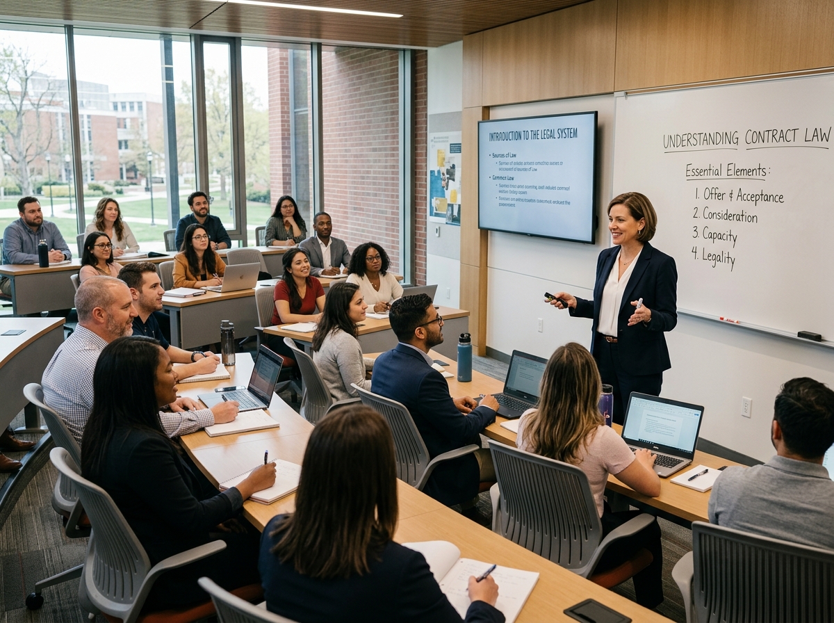 A legal professional teaching a group of students in a modern classroom setting - 15 week paralegal program A legal professional teaching a group of students in a modern classroom setting - 15 week paralegal program