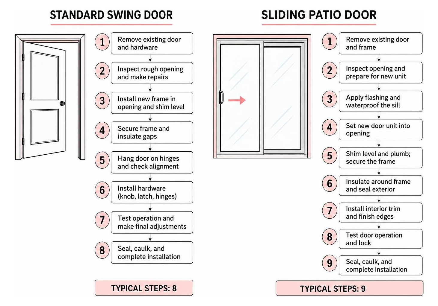 Diagram showing the difference in installation steps between a standard swing door and a sliding patio door Diagram showing the difference in installation steps between a standard swing door and a sliding patio door