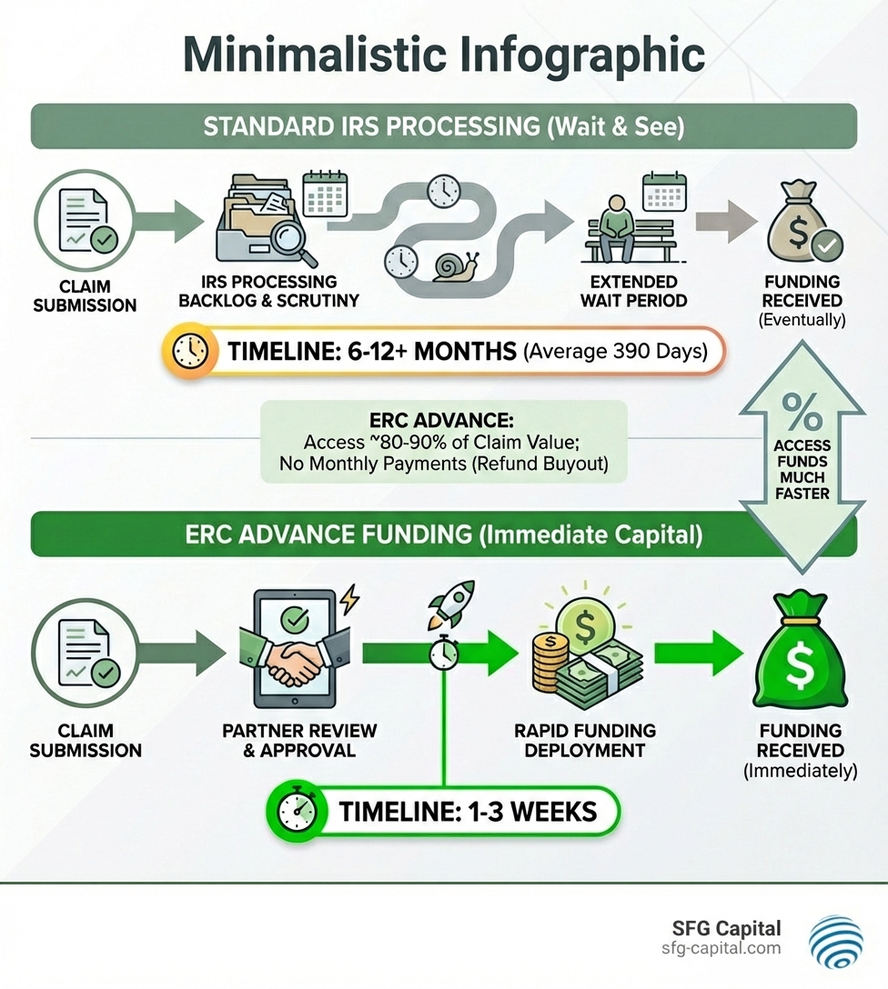infographic comparing standard IRS ERC processing timeline of 6-12+ months versus ERC advance timeline of 1-3 weeks, showing steps from claim submission through funding - erc loans infographic infographic comparing standard IRS ERC processing timeline of 6-12+ months versus ERC advance timeline of 1-3 weeks, showing steps from claim submission through funding - erc loans infographic